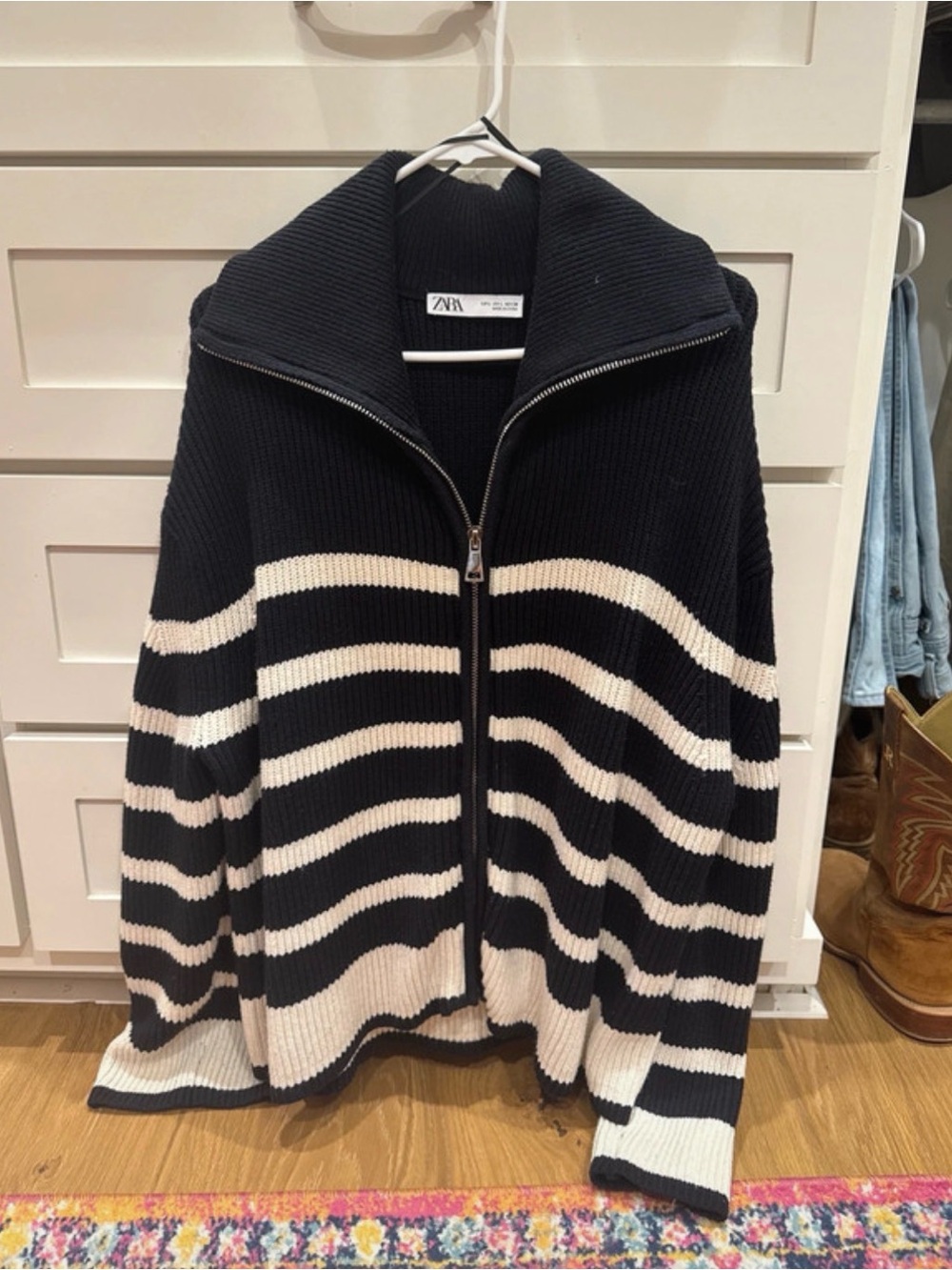 Zara Black & White Striped Knit Zip-Up Sweater